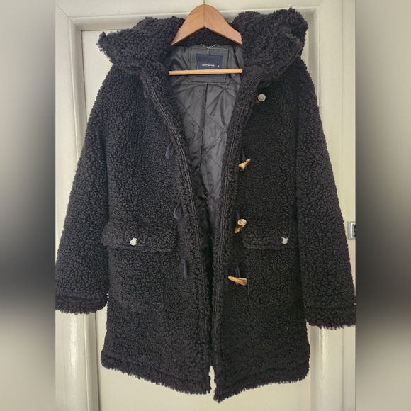LUCKY BRAND FAUX FUR SHEARLING HOODIE TOGGLE BUTTON SHERPA COAT WOMEN Sz.XS Blk - Picture 3 of 12